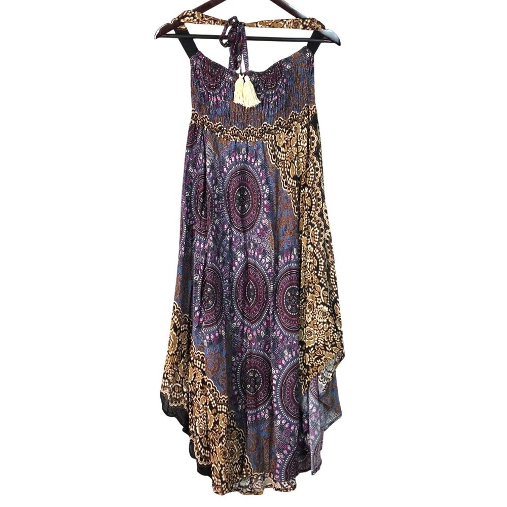 Lanna Bohemian Boho 70s Style Printed Smocked Halter Beach Midi Dress Size L/XL - Picture 2 of 8
